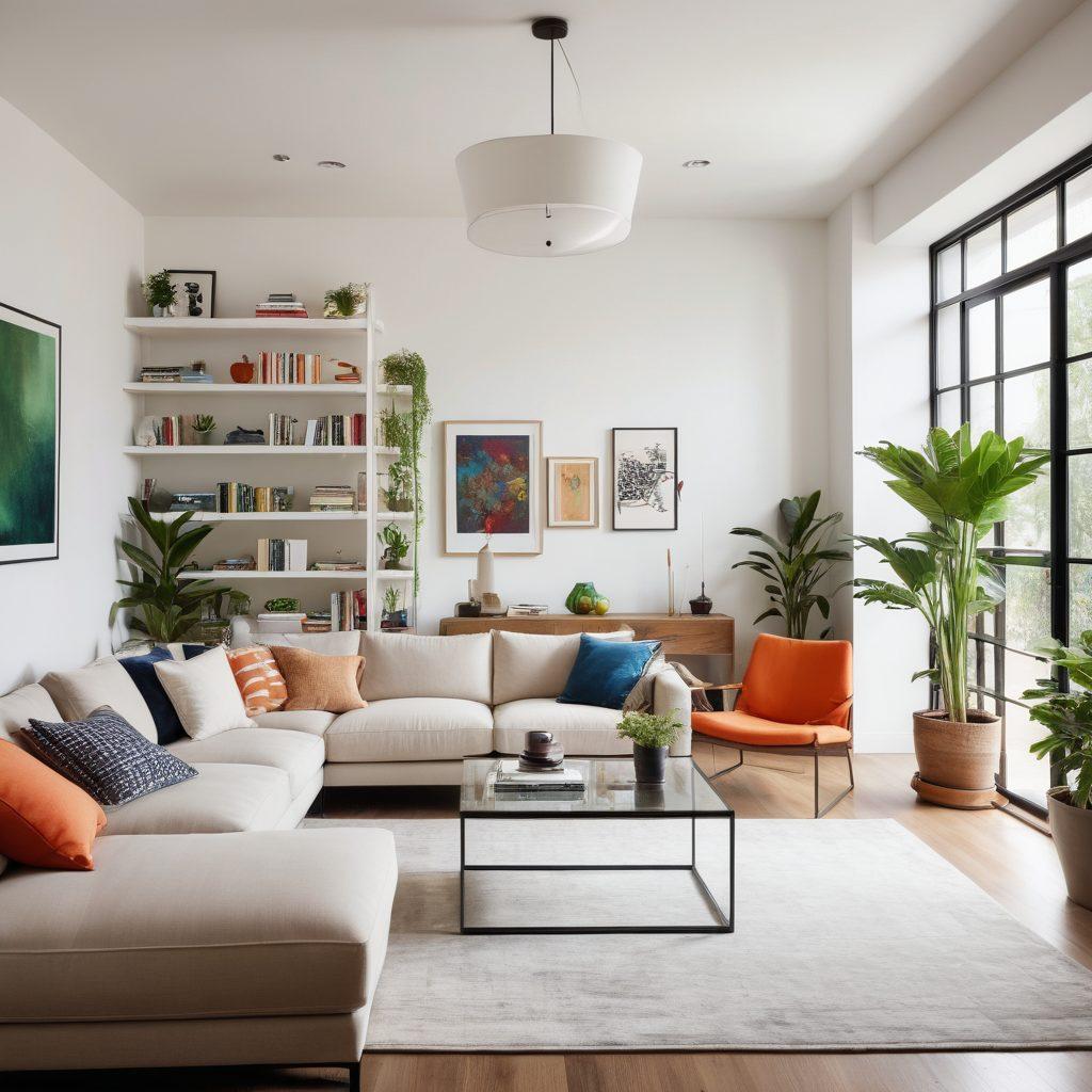 A modern living room featuring sleek contemporary furniture including a modular sofa, glass coffee table, and minimalist bookshelves. Stylish accents like chic throw pillows, indoor plants, and ambient lighting enhance the space. A well-planned layout showcasing smart space utilization with functional and visually appealing elements. Super-realistic. Vibrant colors. White background.