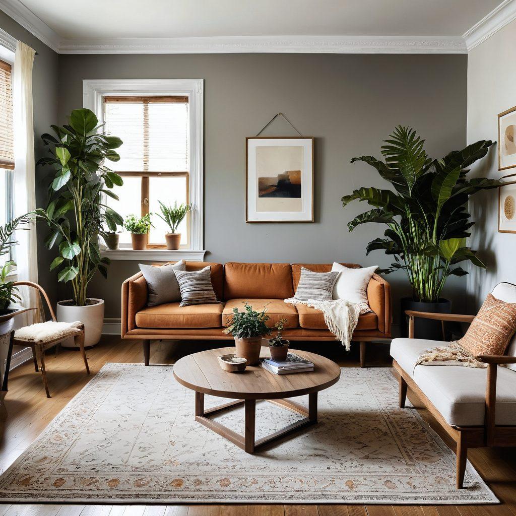 A stylish living room showcasing a seamless blend of minimalist and vintage furniture elements. Minimalist elements include sleek, geometrically shaped furniture with clean lines, while vintage touches feature ornate, distressed wooden pieces and retro accents. The room is bathed in natural light, with a mix of neutral and muted color tones. A cozy rug and potted plants add warmth and homeliness. super-realistic. vibrant colors. warm lighting.
