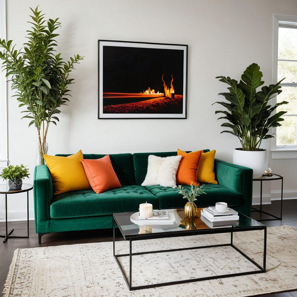 A beautifully styled modern living room with trendy furniture pieces like a sleek sofa, a chic coffee table, and stylish decor accents. The room displays a mix of textures with plants, warm lighting, and a cozy rug to create a welcoming ambiance. super-realistic. vibrant colors. white background.